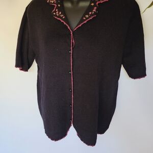 Koret Petite Large Black Floral Ramie Cotton Knit 90s Button Cardigan Top
